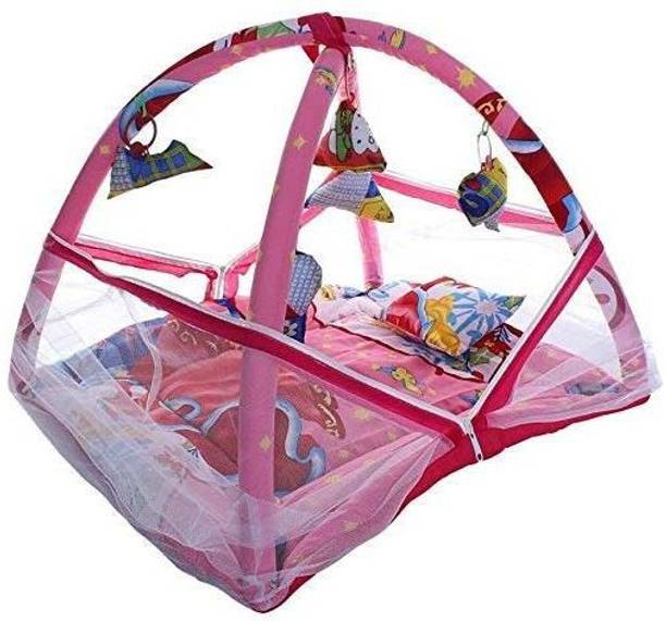 SS Kids Baby Bedding Set with Mosquito Net Newborn Play Activity Gym with Hanging Toys Sleeping Bed for New Born Babies, Polycotton, 0-12 Months (78 * 63 * 58 cm, Pink)