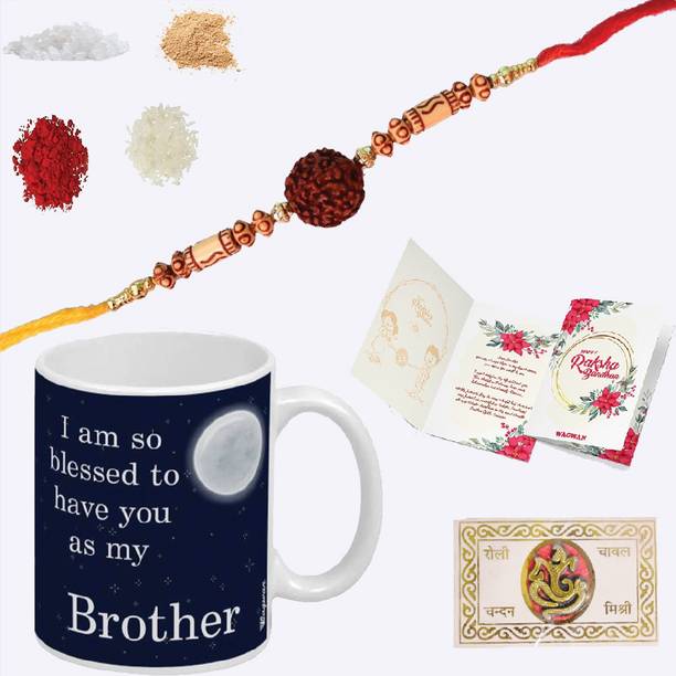 Wagwan Rudraksh 20-468_15_4_MG21_WHT Plastic (PVC) Chawal Roli Pack, Rakhi, Greeting Card, Mug  Set