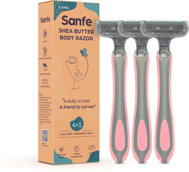 Sanfe Shea Butter Body Razor for Women's Hair Removal - Pack of 3 with New No Cut Technology | Comfortable Handle | Instant & Pain Free Remover | For Arms, Legs , Stomach and Underarms |Protective Sleeve and Anti-Slip Grip | Precision Shave, Smooth & Shiny Skin