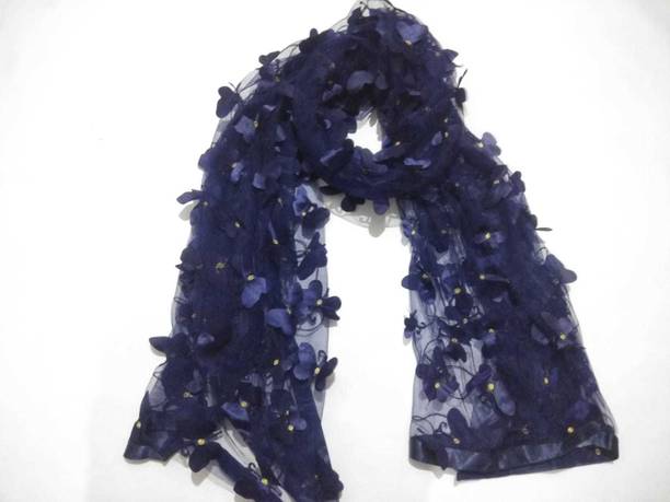 Net Embroidered, Embellished Dark Blue Women Dupatta