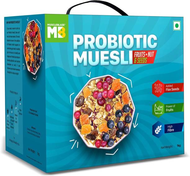 MuscleBlaze by MuscleBlaze Probiotic Muesli, Breakfast Cereals For Good Gut Health, Fruits, Seeds and Nuts, Multigrain Flakes, High In Fibre, Antioxidant-Rich Box