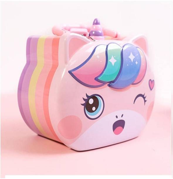 madago Cute Cartoon Unicorn Printed Metal Coin Bank Piggy Bank for Kids with Lock and Key Coin Bank Coin Bank