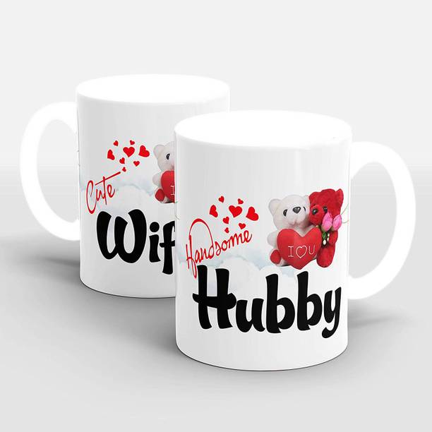 radhe radhe Handicraft "Hubby Wifey" Printed Beautiful White Ceramic Tea/Coffee Best Gift for Husband Wife/Couple,Anniversary,Birthday,Valentine Gifts for Girlfriend (Set of 2) - 330 Ml.… Ceramic Coffee Mug