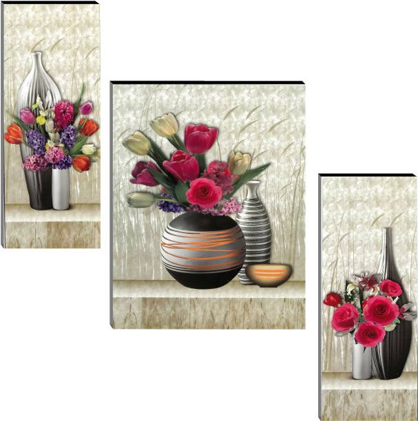 Indianara Set of 3 Beautiful Flowers in the Pot MDF Art Painting (1056FL) without glass (4.5 X 12, 9 X 12, 4.5 X 12 INCH) Digital Reprint 12 inch x 18 inch Painting