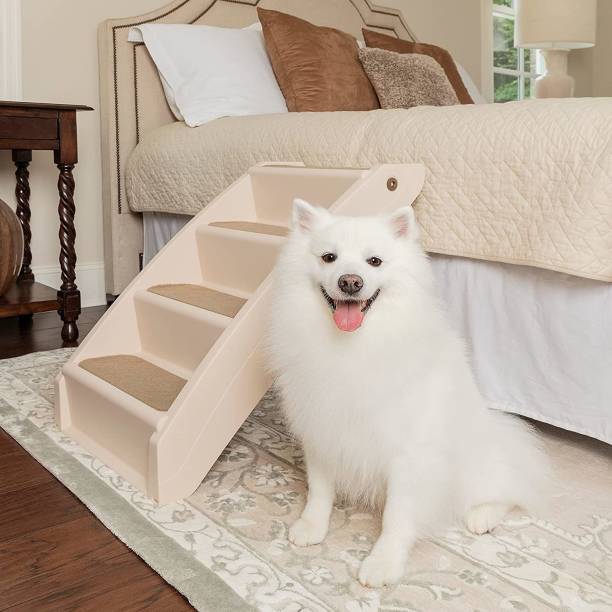 Emily Pets Folding Pet Steps, 3 Foldable Steps, Best for Small to Large Pets Foldable Pet Ramp Dog and Cat Safety Bi-fold Ramp Ladder Portable Travel for Cars, Trucks, SUVs, Doorstep or Bed for Dogs and Cats(Beige) Pet Stair Ramp