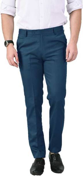 Men Slim Fit Blue Viscose Rayon Trousers