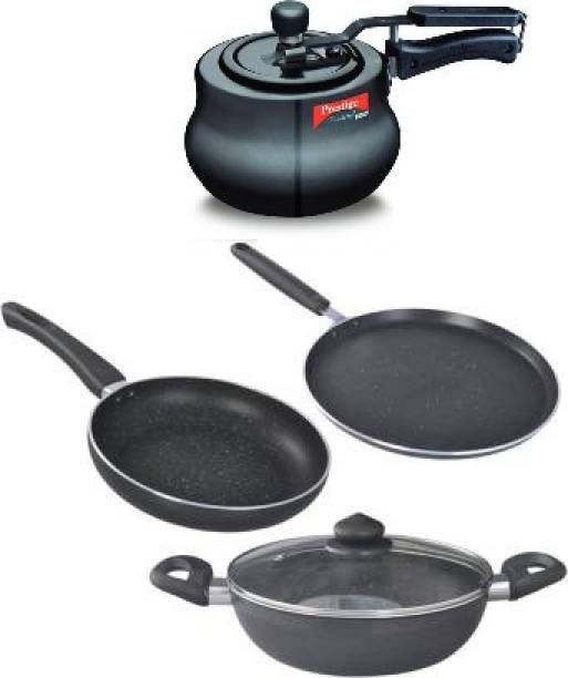 Prestige Black Base 3 Litre Pressure Cooker And Combo Induction Bottom Non-Stick Coated Cookware Set