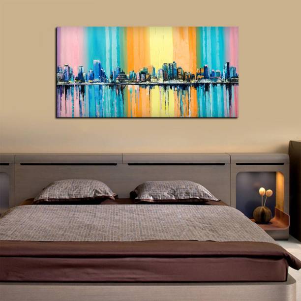 VIBECRAFTS Wall Painting of A Fantasy Coastal city with a Rainbow Background for Home|Office|Gift(PTVCH_2226) Canvas 24 inch x 48 inch Painting