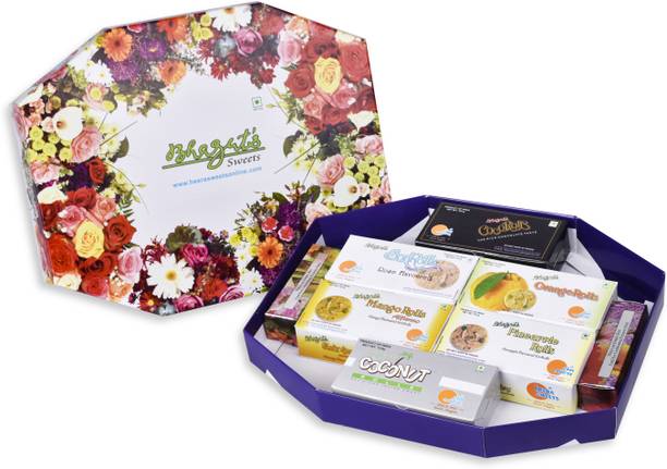 Bhagat's HEERA SWEETS GIFT PACK 6 IN1 750GMS HAMPER WITH RAKHI, WISHING CARD AND HANDKERCHIEF Box