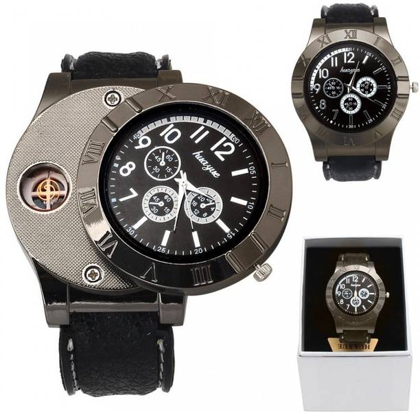 Huayue Watch Lighter In Perfect Gifting Box | 200 Time Play Ignition After Battery Full Charged |Beautiful Gifting Box- Perfect Gift For Cigarette Lovers | Black USB Watch Novelty Cool Lighters Windproof Unique Designer Analog Wrist Watches Flameless And Windproof | Easy to Cary Anywhere | सिगरेट लाइटर