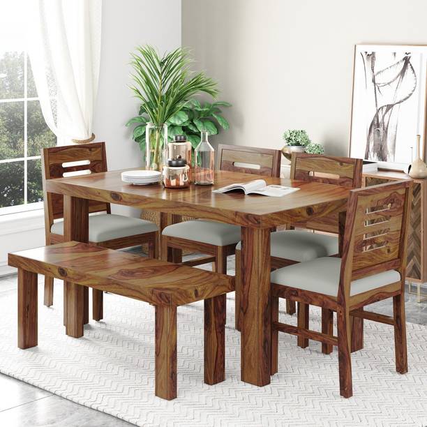 LOONART Solid Sheesham Wood Six Seater Dining Set For Dining Room / Restaurant. Solid Wood 6 Seater Dining Set