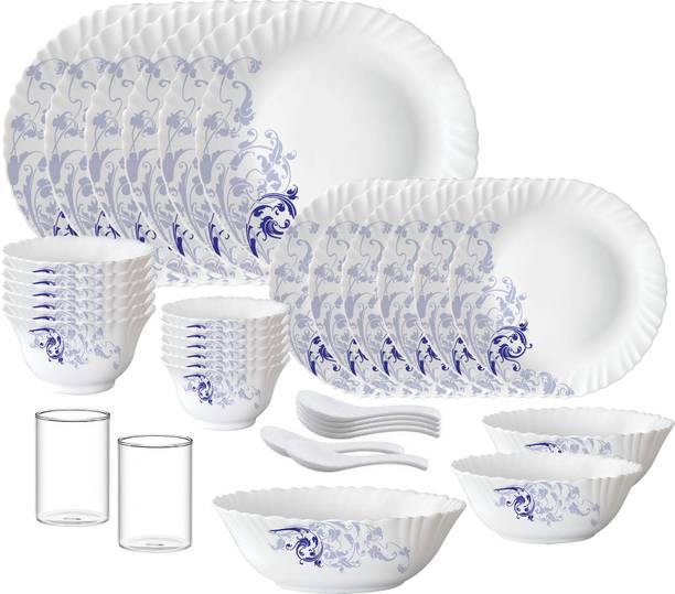 बोरोसिल SBE 35 pcs dinner set{{Dinner plate 10"(6 pcs) || Quarter plate 7.5"(6 pcs) || Rice Bowl 8.5" 1.2 Ltr (1 Pc) || Veg bowl 4.3"(6 Pcs) || Small Veg Bowl 3.9"(6 pcs) || Serving Bowl 7"(2 pcs) || Spoon (6 pcs) || Juice Glass 120ml (2 Pcs)}} 35 का पैक डिनर सेट