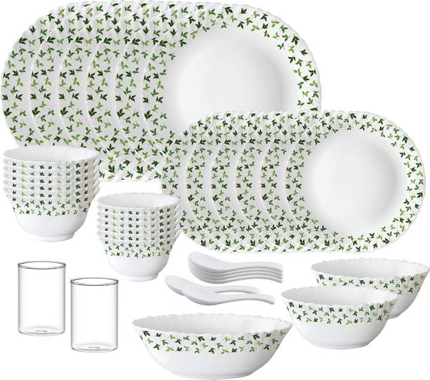 बोरोसिल SS 35 pcs dinner set{{Dinner plate 10"(6 pcs) || Quarter plate 7.5"(6 pcs) || Rice Bowl 8.5" 1.2 Ltr (1 Pc) || Veg bowl 4.3"(6 Pcs) || Small Veg Bowl 3.9"(6 pcs) || Serving Bowl 7"(2 pcs) || Spoon (6 pcs) || Juice Glass 120ml (2 Pcs)}} 35 का पैक डिनर सेट