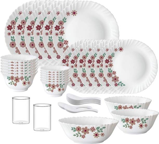 बोरोसिल SA 35 pcs dinner set{{Dinner plate 10"(6 pcs) || Quarter plate 7.5"(6 pcs) || Rice Bowl 8.5" 1.2 Ltr (1 Pc) || Veg bowl 4.3"(6 Pcs) || Small Veg Bowl 3.9"(6 pcs) || Serving Bowl 7"(2 pcs) || Spoon (6 pcs) || Juice Glass 120ml (2 Pcs)}} 35 का पैक डिनर सेट