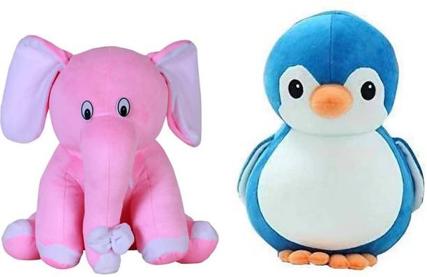 Eguds High quality cute & attractive pink sitting elephant and blue penguin (combo) for kids, gift/birthday & decoration  - 25 cm