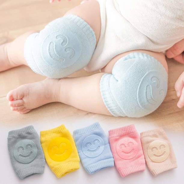 BRIGHTLIGHT Smiley Baby Knee Pads for Crawling | Elbow Safety Protector | Stretchable Anti-Slip Padded | Elastic Soft Cotton Breathable | Leg Warmer Support Protector Kneecap | Pack of 2 Pairs Multicolor Baby Knee Pads