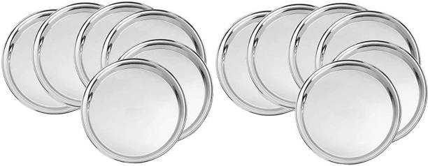 Nirvika Pack of 12 Stainless Steel Pack of 12 Stainless Steel dinner set Pack of 12 Pc Stainless Steel Dinner plate set Heavy Gauge high Quality 12 Pcs (12 Piece Dinner Plate/Thali) Stainless Steel Dinner Set (Size: 13, Piece: 12)(Without laser/plain) Dinner Set Dinner Set Dinner Plate