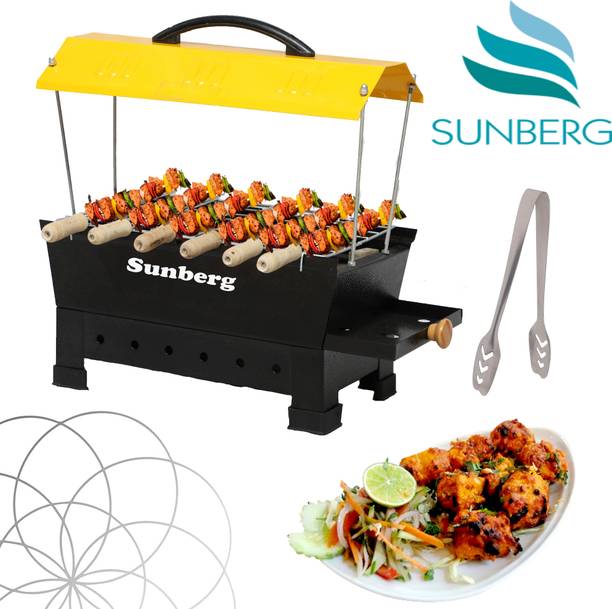 SUNBERG Yellow Hut Shape Electric & Non Electric (Charcoal) Barbeque grill & Tandoor 6 Wooden Handle skewers & Tong Electric Grill Electric Tandoor Electric Grill