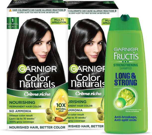 GARNIER Color Naturals - Natural Black Hair Colour, Pack of 2 + Fructis Long and Strong Shampoo, 175ml | Ammonia Free Hair Color + Shampoo Combo Pack , Natural Black