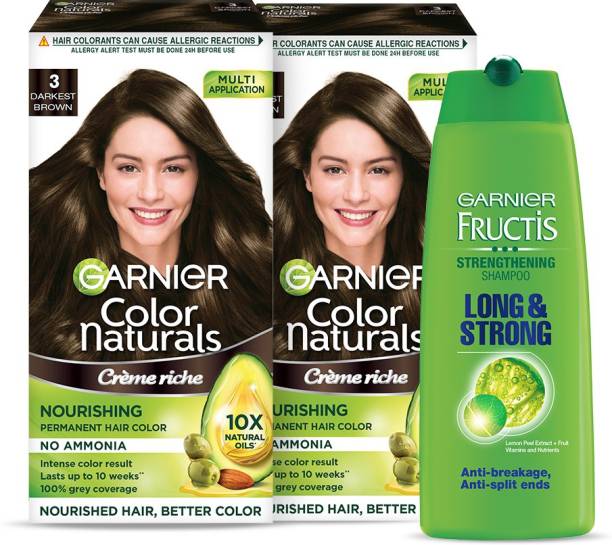 GARNIER Color Naturals - Darkest Brown Hair Color, Pack of 2 + Fructis Long and Strong Shampoo, 175ml | Ammonia Free Hair Color + Shampoo Combo Pack , Darkest Brown