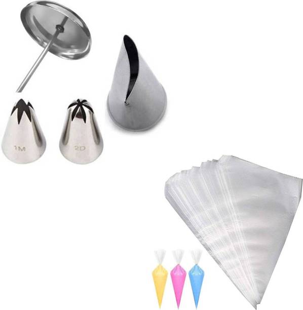 Durgma Standard Size Stainless Steel Icing Nozzle Combo for Cake Decoration - 1 M Nozzle , 2 D Nozzle, Flower Nail 1 PC with 50 PC Icing Piping Bag Cake Decoration Icing Set