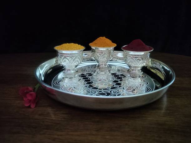Sigaram German Silver Pooja Thali Set For Home or Festival Decoration, Office and Return Gift K2379 Silver Plated