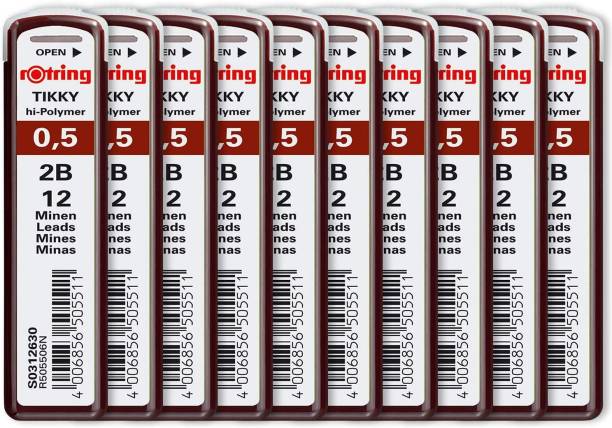 rotring Tikky | 0.5mm | 2B | Hi-Polymer Leads for Mechanical Pencils | Pack of 10 | Each Pack Contains 12 Leads Lead Pointer