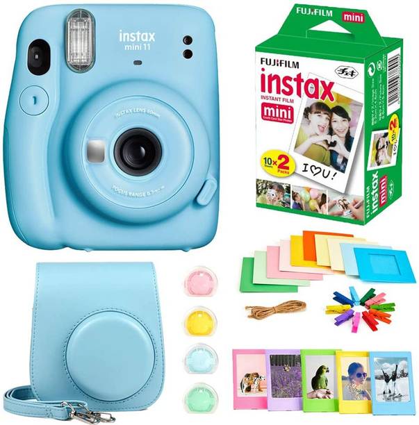 FUJIFILM instax mini 11 Instax Mini 11 Blue with 10x2 Film + Hanging Frames + Plastic Frames + Case + Close Up Filters Instant Camera