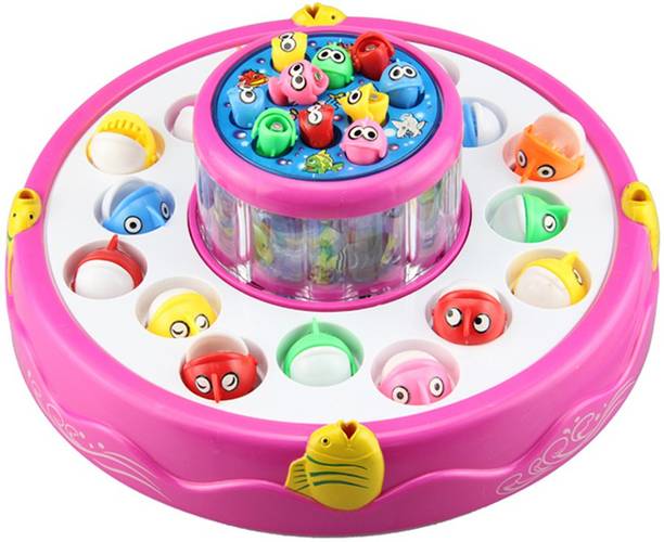 SVE Fishing Fish catching Game Big with 26 Fishes, 2 Rotary Fish Pond and 4 pods Includes Music and Light