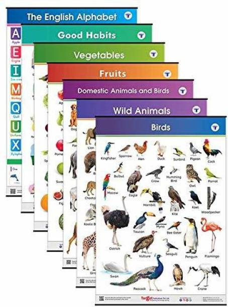 All in One Educational Charts for Kids | Learn about English Alphabets, Fruits, Vegetables, Good Habits, Domestic, Wild Animals & Birds with Colourful Pictures for Children | Pack of 7 Paper Print
