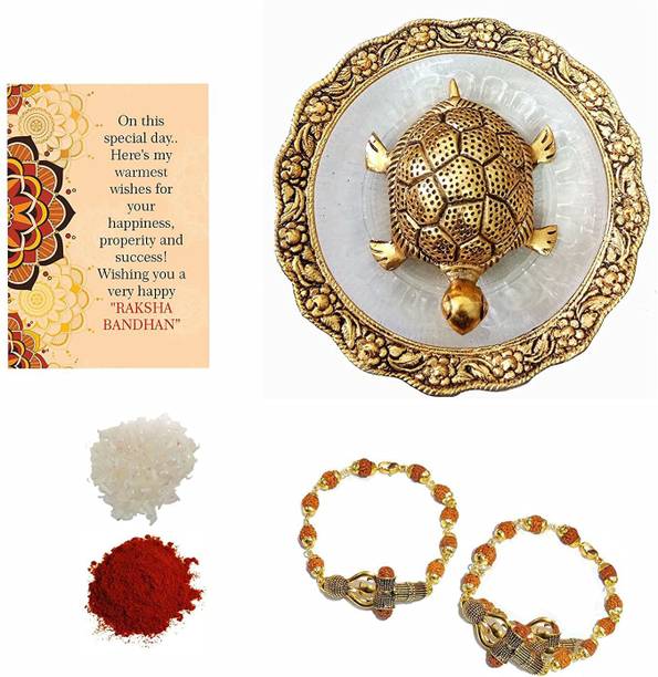Wonder Care Rudraksh Raksha Bandhan Rakhi Combo Set - Rakhi Gifts for Bhaiya Bhabhi - Feng Shui Turtle Plate/Special Greeting Card/Pack of 2 Rudraksha Rakhi /Roli Chawal Hamper Rakhi for Brother Combo Assorted Showpiece  Set
