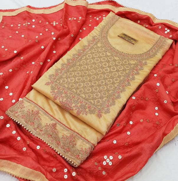 Semi Stitched Chanderi Salwar Suit Material Embellished Price in India