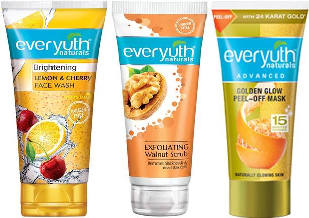 Everyuth Naturals Brighening Lemon & Cherry Face Wash 50g + Exfoliating Walnut Scrub 50g + Golden Glow Peel-Off Mask 50g