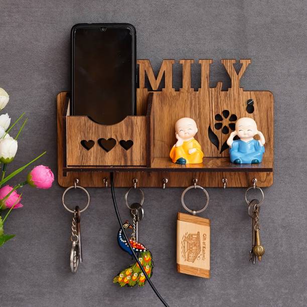 Gajkarna Creations Family Design Mobile Pocket With Side Shelf Key Holder For Wall Wood Key Holder