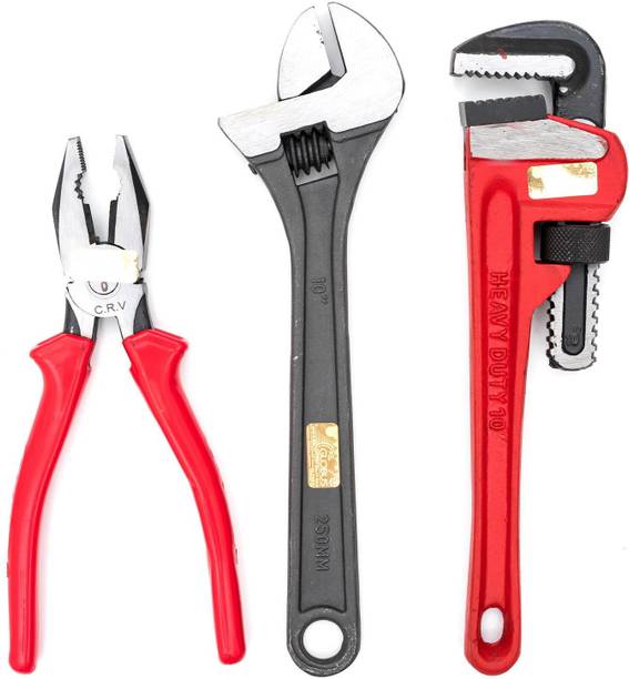 Globus 568..Adjustable Wrench 10" & 8" Combination Plier & 10 Inch Pipe Wrench RED Hand Tool Kit