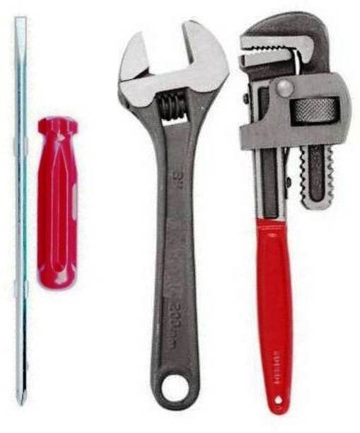 Toolhub 8 Inch Spanner, 10 Inch Pipe Wrench & Screwdriver Hand Tool Kit