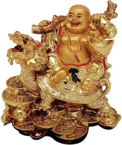 DLM FENG SHUI LAUGHING BUDDHA sitting on dragon of money and coins 8 cm Decorative Showpiece - 8 cm