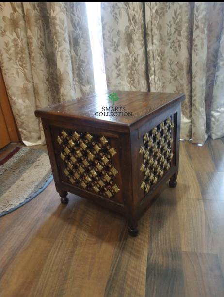 Smarts collection Beautiful Antique Wooden Stool with Brass Cutting Design Storage Stool for Living Room and Bedroom Furniture (Brown) Solid Wood Corner Table (Finish Color - Brown, Pre-assembled)(Size 15x15x15 inch) Solid Wood Side Table
