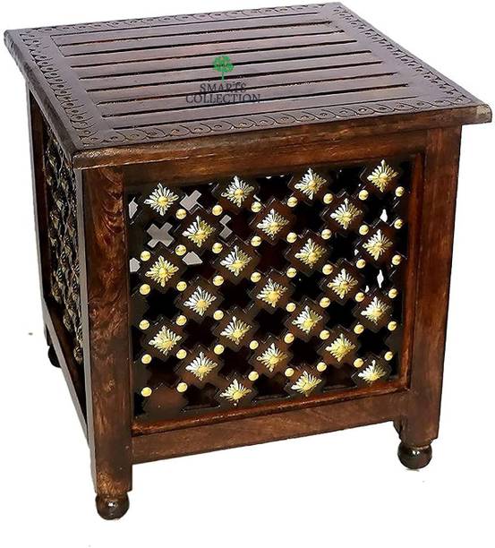 Smarts collection Wooden Stool with Brass Cutting Design Storage Stool for Living Room and Bedroom Furniture (Brown,18 inch Stool) Solid Wood Side Table