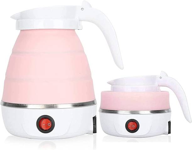 Shop4Ever Travel Foldable Fast Boiling Portable Electric Kettle - Silicone Food Grade Boil Dry Protection 220V -600ML for Travel and Home & Office Use (White/Pink/Blue) Electric Kettle