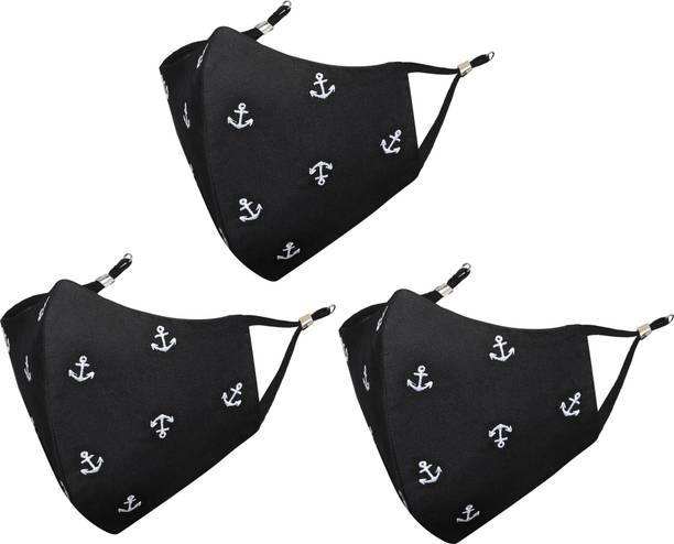 MASQ Anti-Pollution, Anti-Bacterial (BFE>99%) 4 Layer Embroidered, Designer, Fashionable, Protective, 100% Cotton, N-95 Cloth Face Mask Combo for Men with Size Adjustable Ear Loops Anchor_Combo_03 Reusable, Washable Cloth Mask