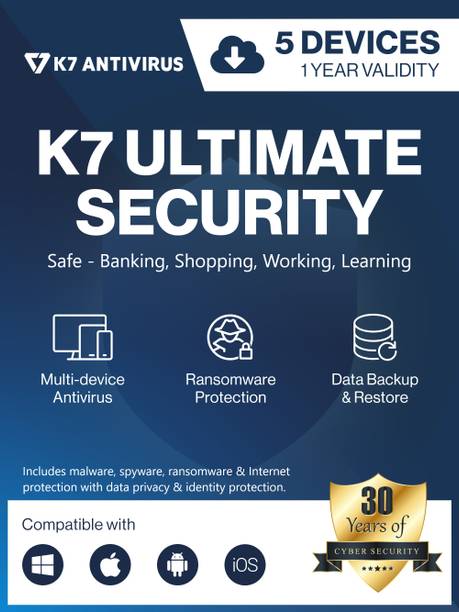 K7 Security 5 PC 1 Year Ultimate Security Compatible with Android, Windows, Mac, iOS (Email Delivery - No CD)