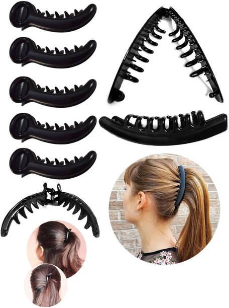BHARATGAURAV Pack of 6 (Large Size, Black) 5pcs Banana Shape Hair Clutcher Mirchi, 1pcs Self Lock Banana Pins for Women and Girls… Banana Clip