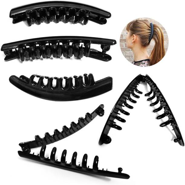 BHARATGAURAV 3 Pc Banana Pins For Hair Clips For Women And Girls Hairstyles Black Glossy Finish Self Lock Hair Clutchers Banana Clip