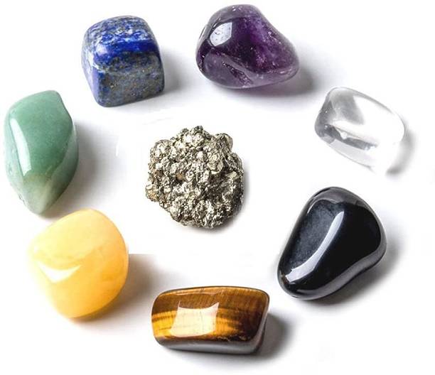 AIR9999 Seven Chakra Gemstone Crystals Tumbled Set with Golden Pyrite Rough Chunk for Reiki Healing & Grid Making Decorative Showpiece  -  2 cm