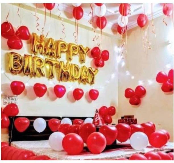 PartyballoonsHK Solid Golden Happy Birthday Foil Letter Balloons With 30 Red & White Large Balloons Balloon Balloon
