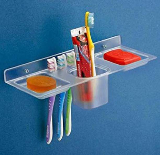 iSTAR Plastic 4 in 1 Multipurpose Kitchen/Bathroom Shelf/Paste-Brush Stand/Soap Stand/Tumbler Holder/Bathroom Accessories (Transparent) Acrylic Wall Shelf (Number of Shelves - 1)