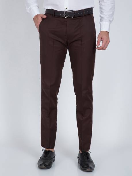 Men Regular Fit Brown Cotton Blend Trousers