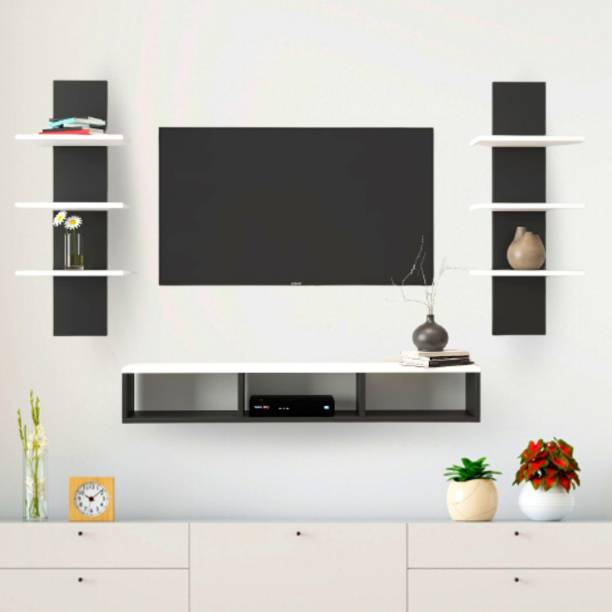 Furnifry Wooden TV Entertainment Unit with 2 Wall Shelf/Wall Set Top Box Shelf Stand/TV Cabinet for Wall/Set Top Box Holder for Home/Living Room Ideal for TV Upto 42" (Black/White) Engineered Wood TV Entertainment Unit