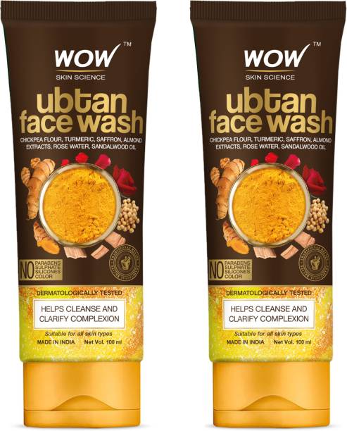 WOW SKIN SCIENCE Ubtan  with Chickpea Flour, Turmeric, Saffron, Almond Extract, Rose Water & Sandalwood Oil - No Sulphate, Parabens, Silicones & Color - Pack of 2 - Net Vol 200mL Face Wash